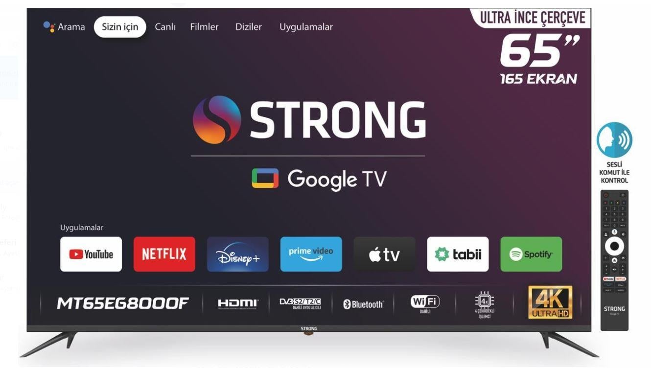 STRONG MT65EG8000F 4K ULTRA HD 65 165 EKRAN UYDU ALICILI ANDROİD SMART LED TV