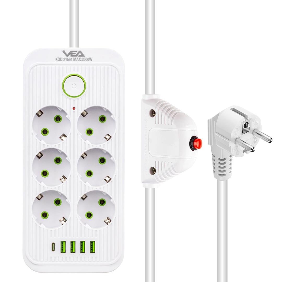 Vea VA-21564 6'Lı 4 USB'li 1.5 Metre Akım Korumalı Priz Beyaz