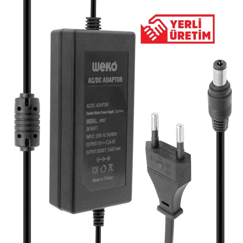 Weko 12 Volt 3.2 Amper 38 Watt Plastik Kasa Masaüstü Adaptör (5.5X2.5 Uçlu)