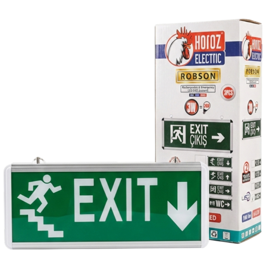 Horoz Robson 3W 160 Lümen Şarjlı Acil Merdiven Aşağı Çıkış Exit Levhası (2'li Paket) Fiyatı - Merter Elektronik