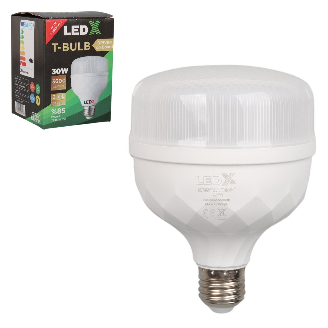 LEDX AL-TB30 30W 3600 LÜMEN E27 AKIM KORUMALI BEYAZ KRİSTAL TORCH LED AMPUL