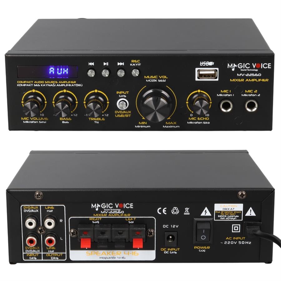 Magicvoice MV-22560 2x20W 4-8 Ohm USB/SD Girişli Bluetooth'lu 2 Mikrofon Girişli Trafosuz Stereo Mini Anfi Fiyatı - Merter Elektronik