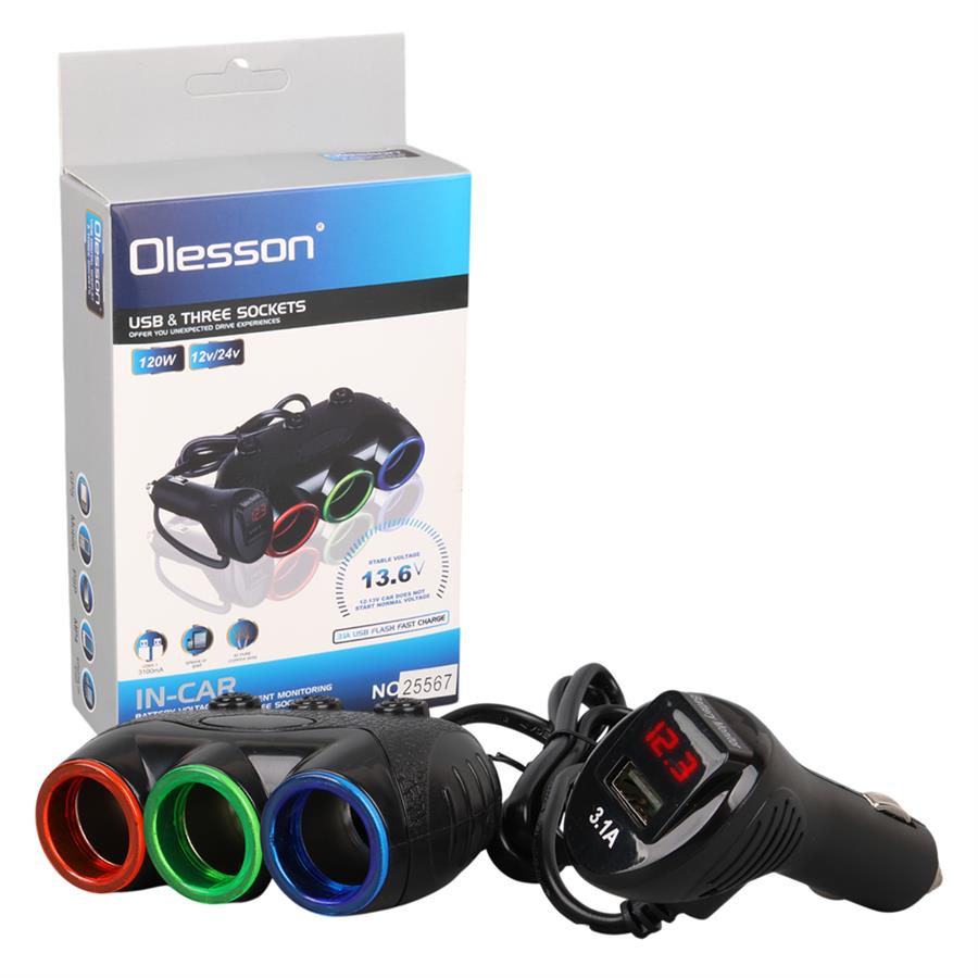 Olesson 1633 12-24V 3Lü Usbli 120W 80Cm Kablolu Dijital Ekranlı Araç Çakmak Çoklayıcı Fiyatı - Merter Elektronik