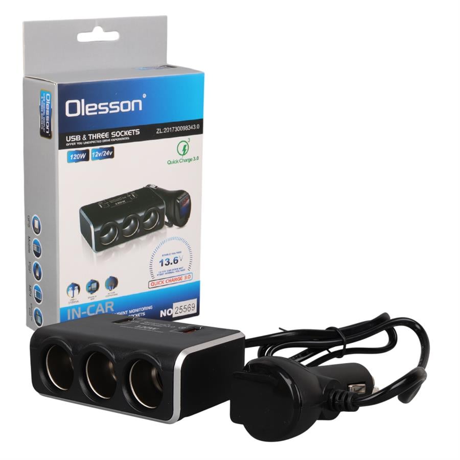 Olesson 1639 12-24V 3Lü Çift Usbli 120W 80Cm Kablolu Dijital Ekranlı Araç Çakmak Çoklayıcı Fiyatı - Merter Elektronik