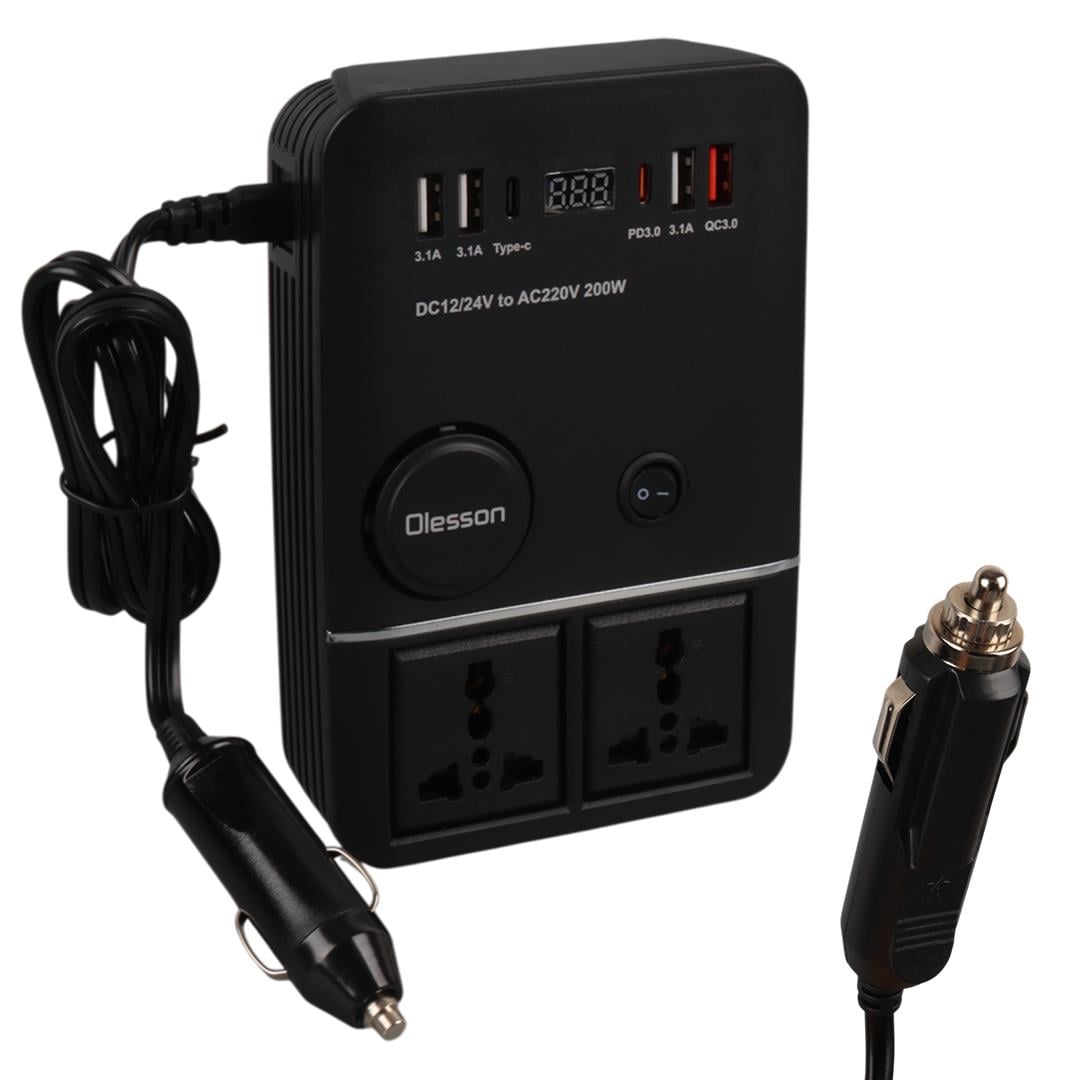 Olesson 1661 DC 12-24V 200W Oto Araç Power İnverter 2X Çakmak Girişi - 2X TYPE-C - 4X USB - 2X 220V Üniversal Priz