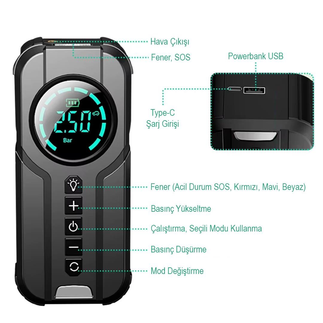 Powermaster Powerbank Araç Akü Şarj Lastik Hava Kompresörü Şişirici Taşınabilir Dijital Kablosuz El Feneri