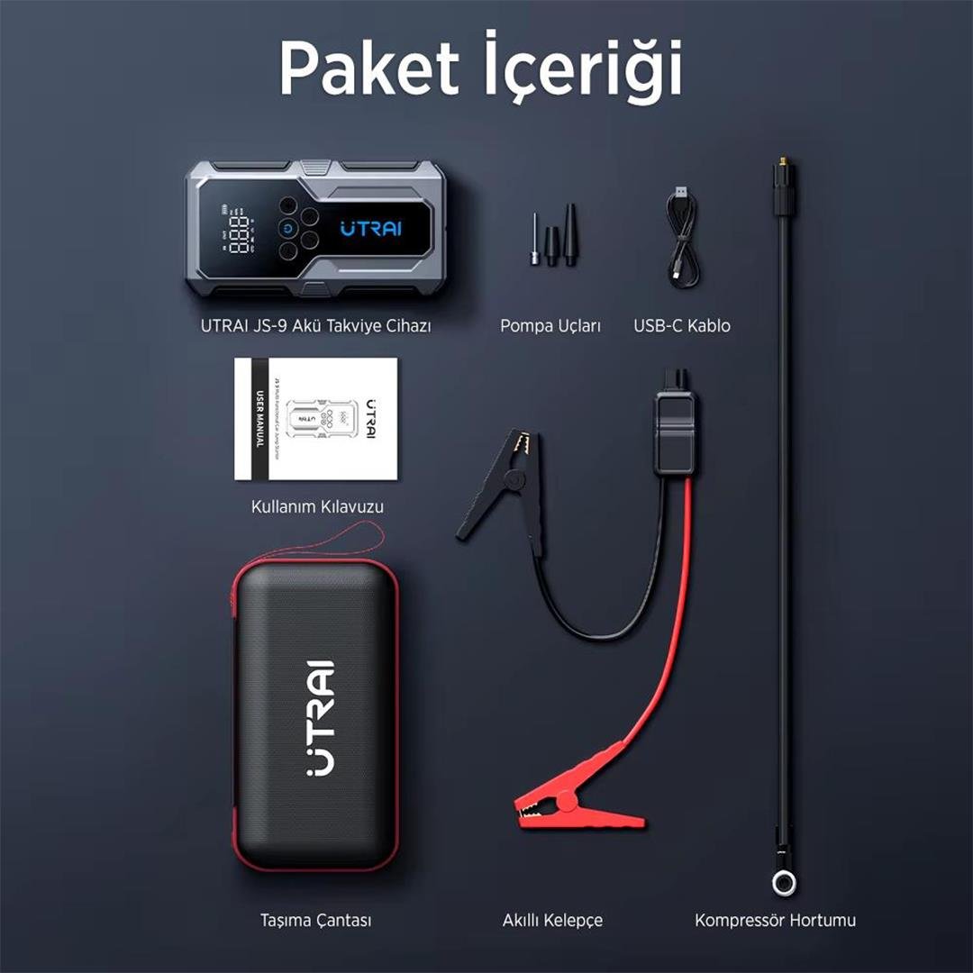 Utrai JS-9 12-24V Akü Şarj Powerbank Lastik Hava Kompresörü Şişirici Taşınabilir Dijital Kablosuz EL Feneri