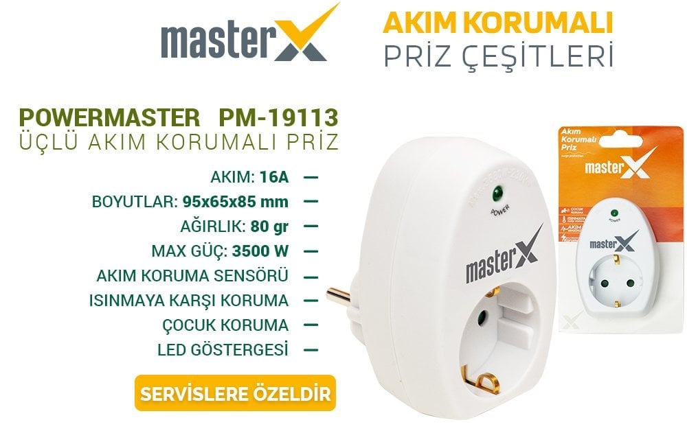 MasterX 19113 Tekli Akım Korumalı Priz 16A-3500W Fiyatı - Merter Elektronik