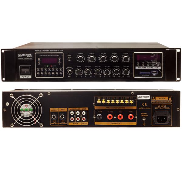DENOX DXD-250U 250W 100V/70V/4-16 OHM USB/SD/UK/BT/5 ZOM 3 MİK ZAMAN KAPATMALI TRAFOLU MIXER ANFİ