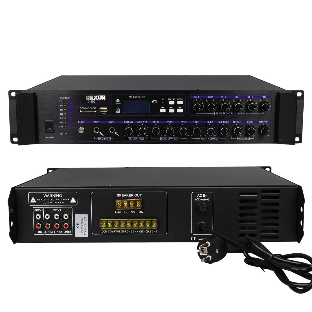 Dexun D-500 USB-SD-BT 350-700 W 6 Bölge 3 Aux 2 Mikrofon Giriş Trafolu Mixer Anfi Fiyatı - Merter Elektronik