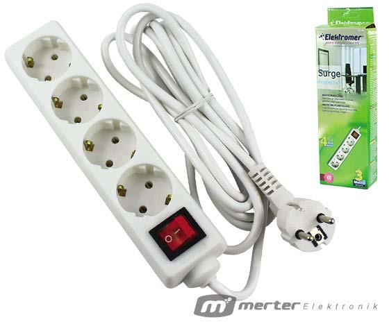 ELEKTROMER ELT-430 4LÜ 3 METRE KABLOLU ANAHTARLI AKIM KORUMALI GRUP PRİZ