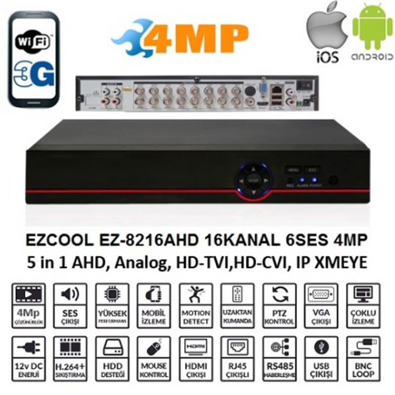 EZCOOL EZ-8216AHD 16 KANAL 6 SES 2HDD HDML AHD DVR KAYIT CİHAZI