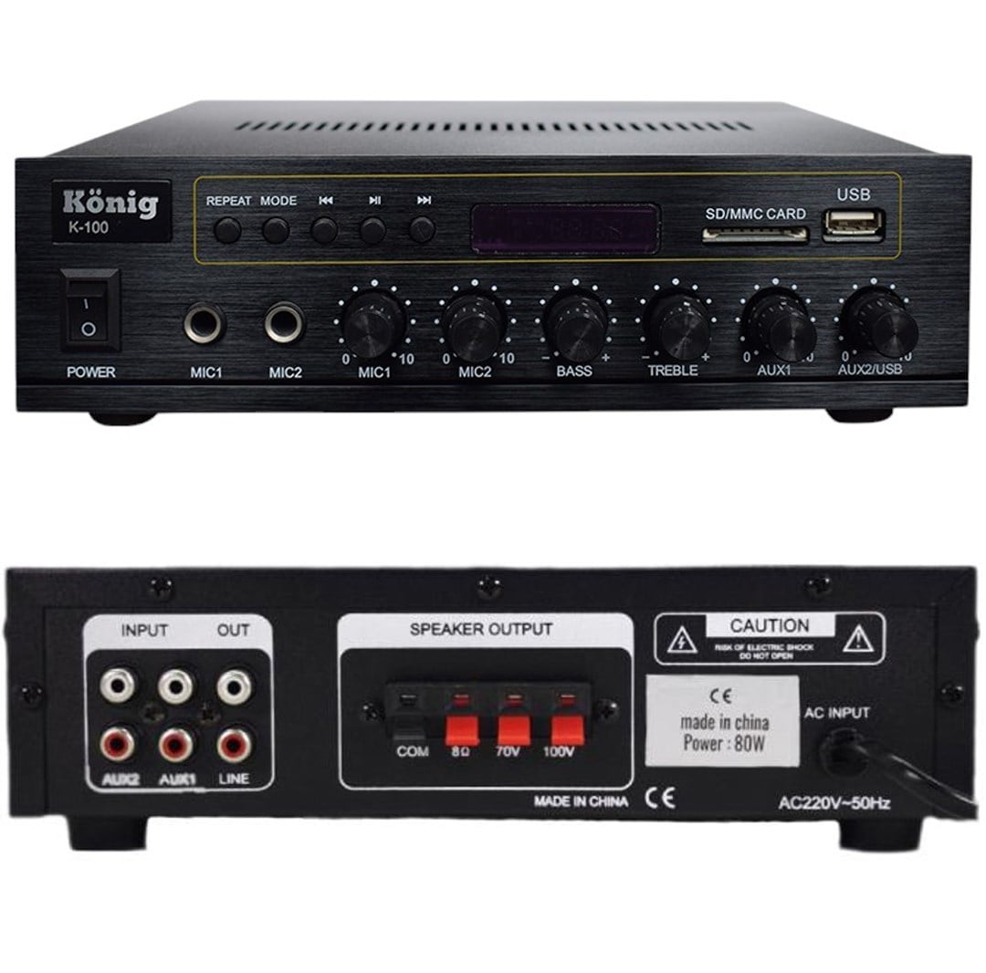 KÖNİG K-100 USB-BLUETOOTH DESTEKLİ 2 MİK. GİRİŞ 8 OHM 100/70V 80 WATT TRAFOLU ANFİ