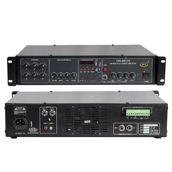 MAGICVOICE MV-420Z 420 WA 100/70/4-16 OHM USB/BT/UK 6 BÖL TRAFOLU MİXER ANFİ * WESTSOUND TKS-420 Z-6