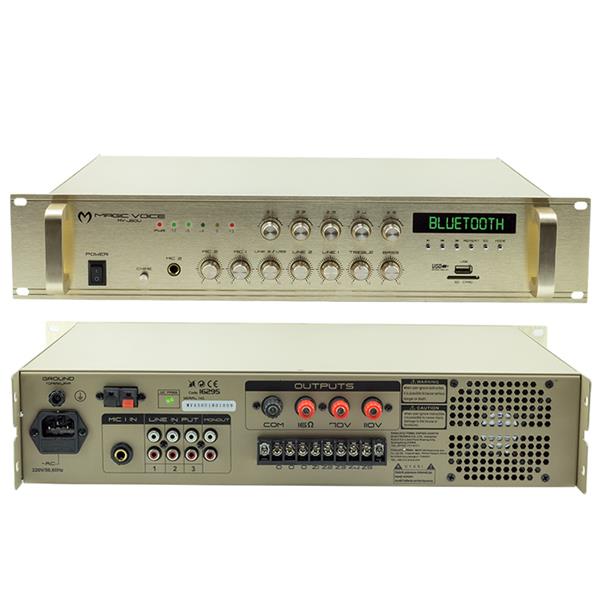 MAGICVOICE MV-450U 450W 100V/70V/4-16 OHM USB/SD/UK/BT-5 BÖLGELİ 2 MİK 3 LİNE GRİŞ TRAFOLU ANFİ
