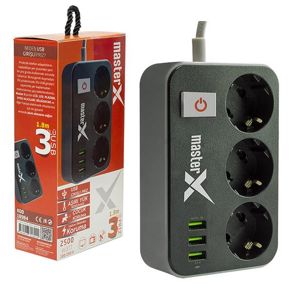 MASTERX 18984 10 AMPER - 2500 WATT 3LÜ 2 METRE KABLOLU 3 USBLİ AKIM KORUMALI PRİZ
