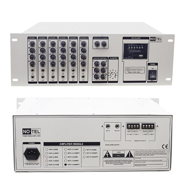 NO-TEL NOT-A-2200BTT 2X200 W 4-8 /70/100V-USB-6 MİK-6 LINE GİRŞ EKO ÇİFT ÇIKIŞLI USB/SD TRAFOLU ANFİ
