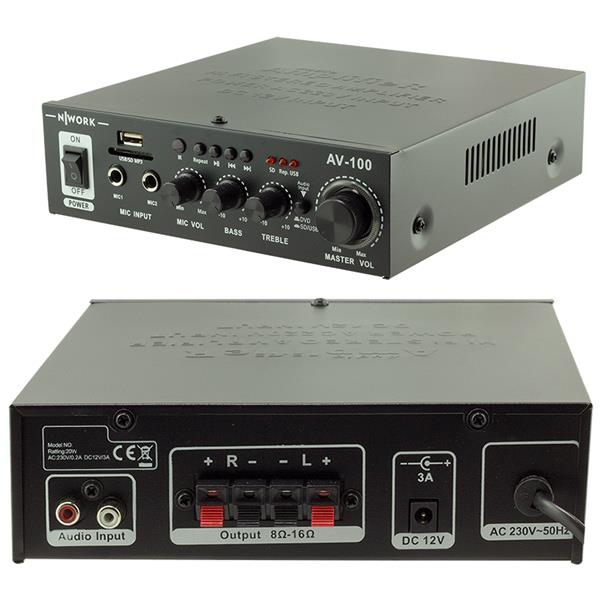 NWORK AV-100 MİNİ USB*SD-12V-220V VOLT 2 MİK 15 W TRAFOSUZ ANFİ