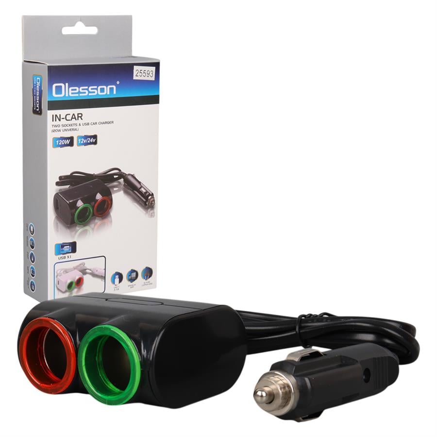 Olesson 1631 12-24V Çiftli Usbli 120W 80 Cm Kablolu Araç Çakmak Çoklayıcı Fiyatı - Merter Elektronik