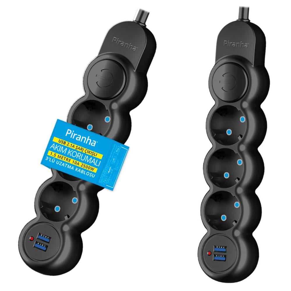 PİRANHA 3393B 3LÜ 1.5 METRE KABLOLU ANAHTARLI 2 USB ÇIKIŞLI 2.1 AMPER AKIM KORUMALI GRUP PRİZ