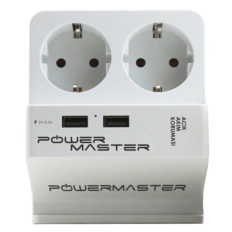 POWERMASTER 16 AMPER - 2000 WATT - 250 JOULE 2Lİ 1.5 METRE KABLOLU ÇİFT USBLİ KABLOLU AKIM KORUMALI PRİZ