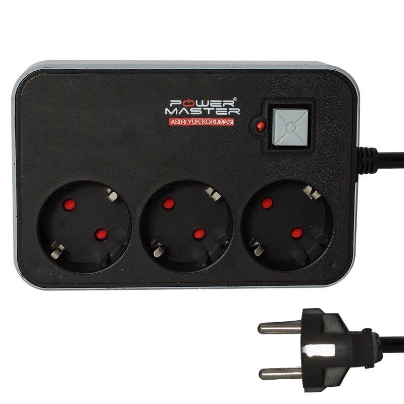 POWERMASTER PM-14369 10 AMPER - 2500 WATT 3LÜ 1.8 METRE KABLOLU ANAHTARLI AKIM KORUMALI PRİZ