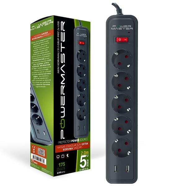 POWERMASTER PM-17565 10 AMPER - 2500 WATT - 175 JOULE 5Lİ 2 METRE KABLOLU 2 USBLİ AKIM KORUMALI PRİZ