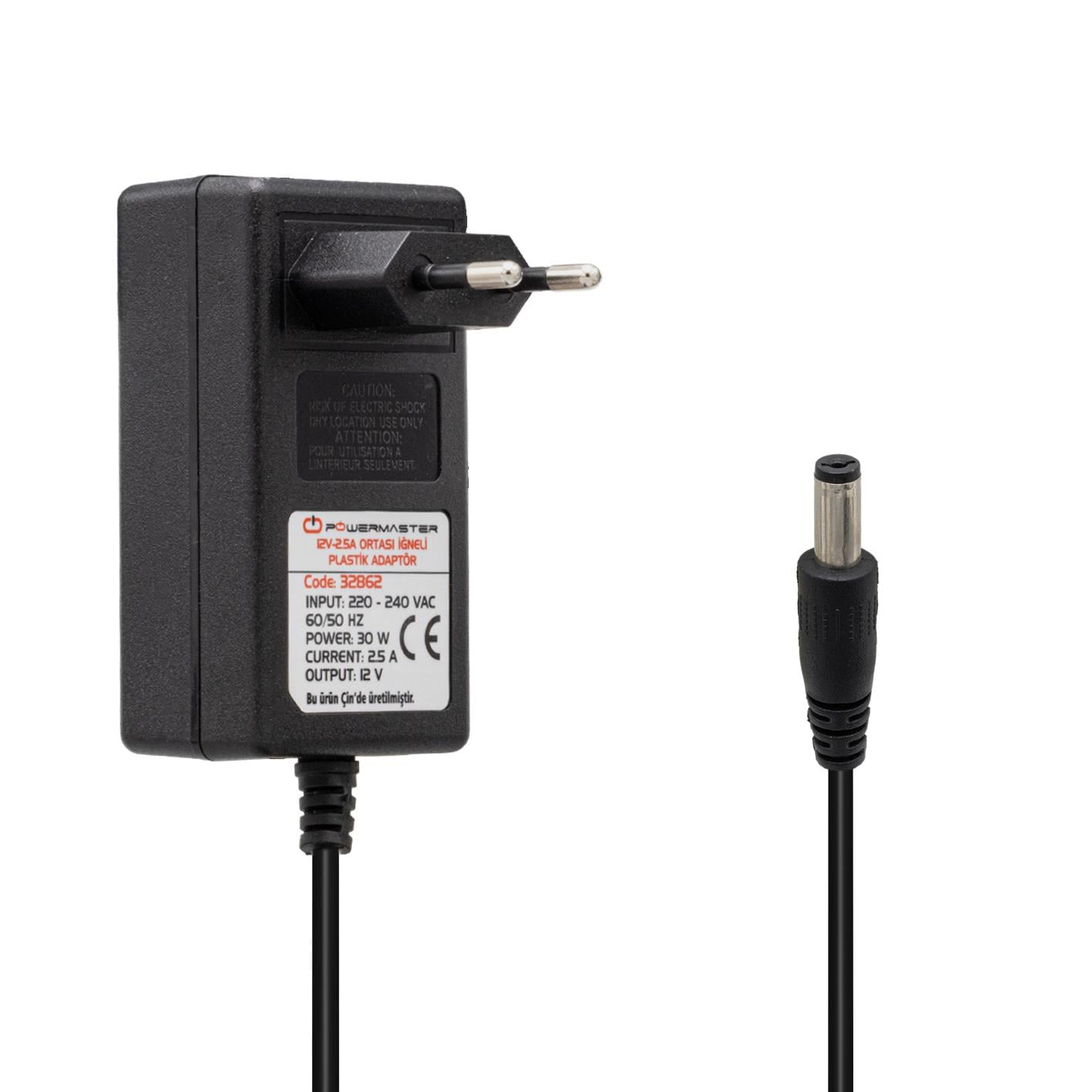 POWERMASTER PM-32862 12 VOLT - 2.5 AMPER 5.5*3.0 MM İĞNELİ UÇ PLASTİK KASA ADAPTÖR (DSMART-DİGİTURK)