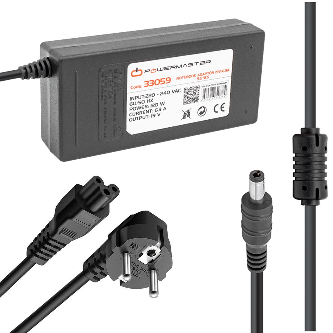 Powermaster PM-33059 19 Volt - 6.3 Amper - 120 Watt 5.5*2.5 Mm Uçlu Adaptör (Toshiba Notebook) Fiyatı - Merter Elektronik