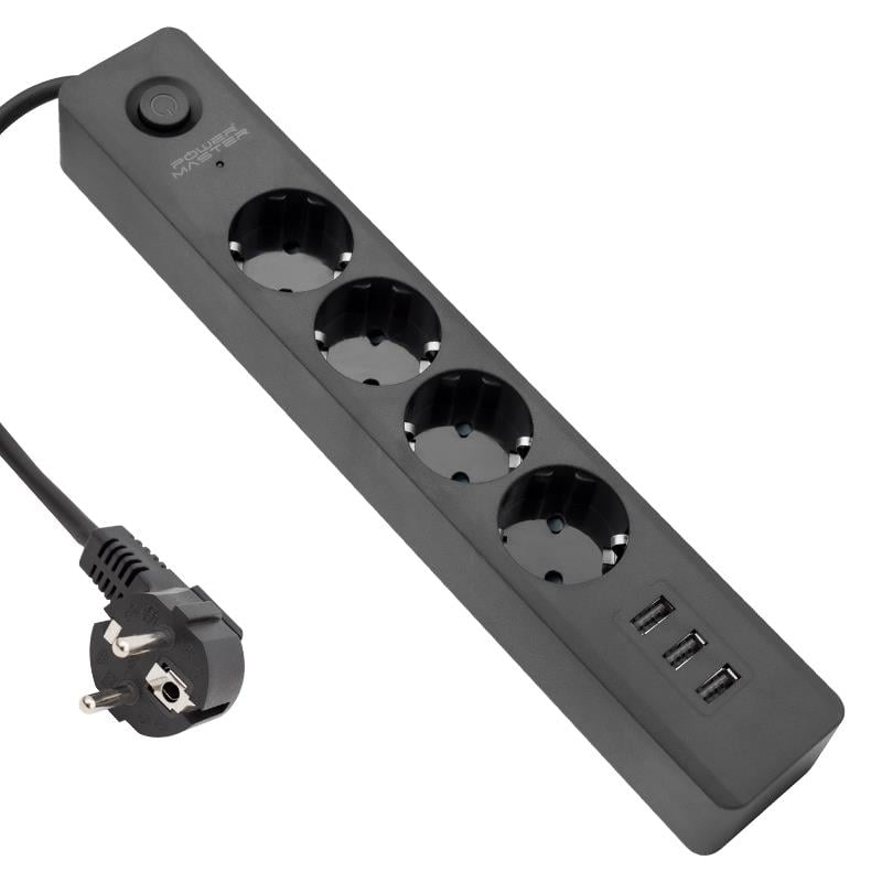 POWERMASTER PM-7747 10 AMPER - 2500 WATT 4LÜ 1.5 METRE KABLOLU 3 USBLİ TERMAL AKIM KORUMALI GRUP PRİZ