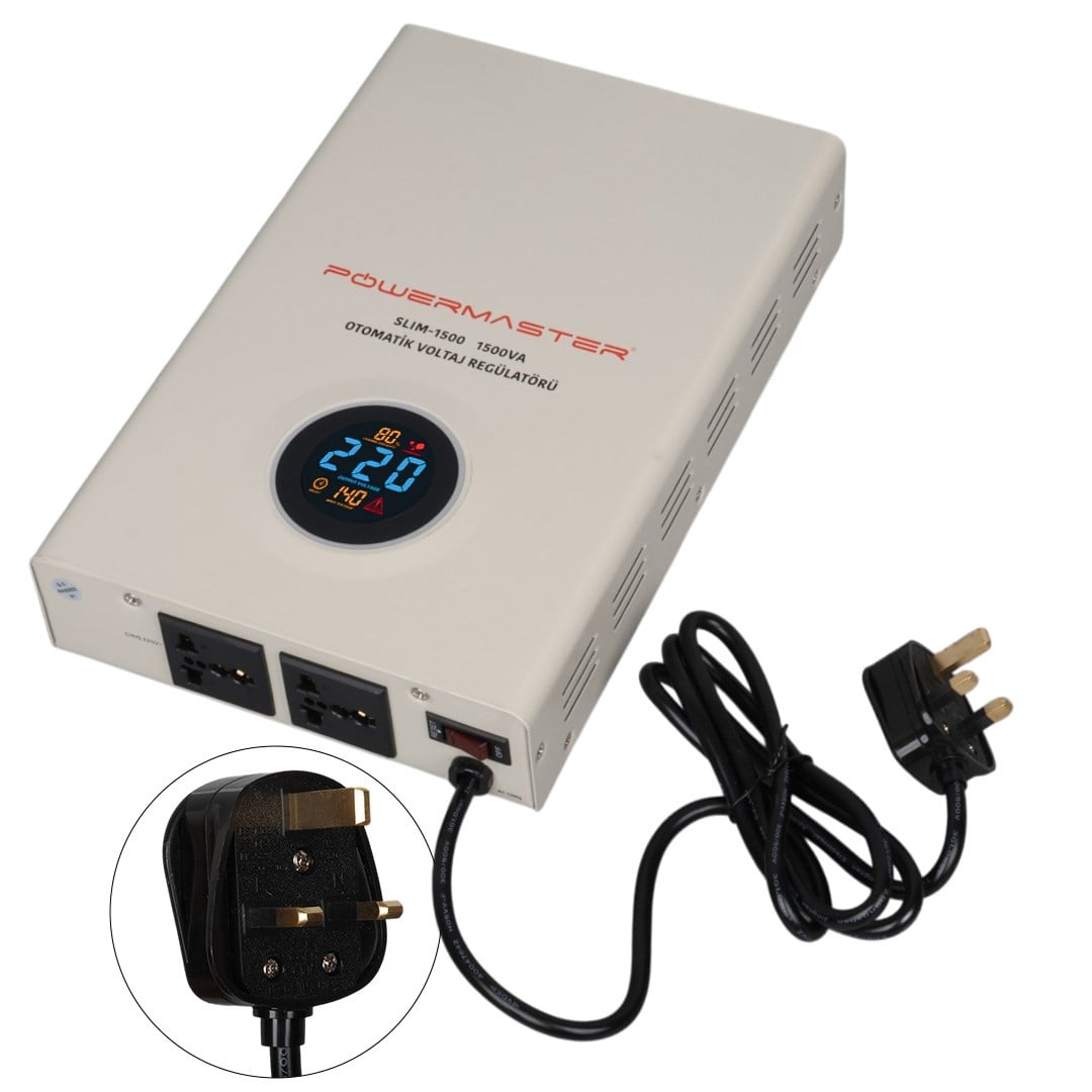 POWERMASTER SLIM-1500 OTOMATİK 1500 WATT KOMBİ VOLTAJ REGÜLATÖRÜ (UK SOKET) Fiyatı - Merter Elektronik