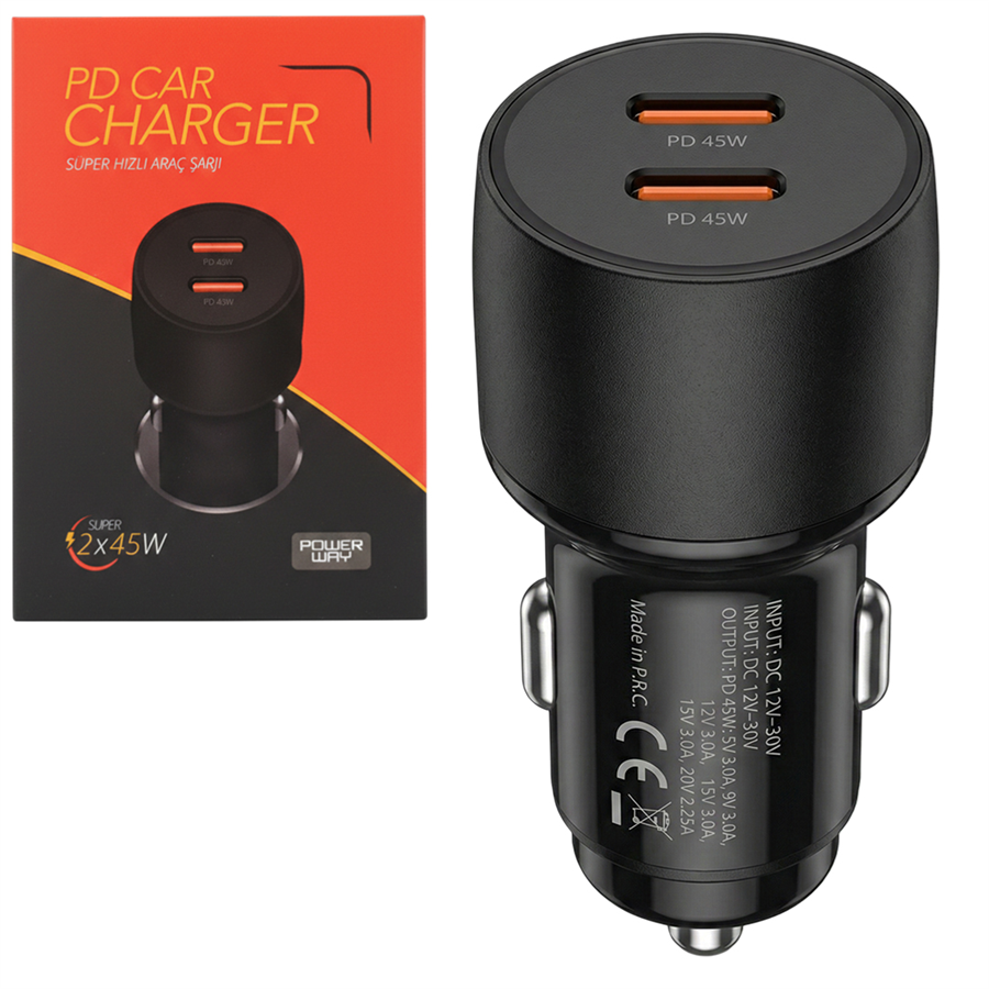Powerway CC45 PD 2x45W Çift Type-C Çıkışlı Ultra Hızlı Araç Şarjı Fiyatı - Merter Elektronik