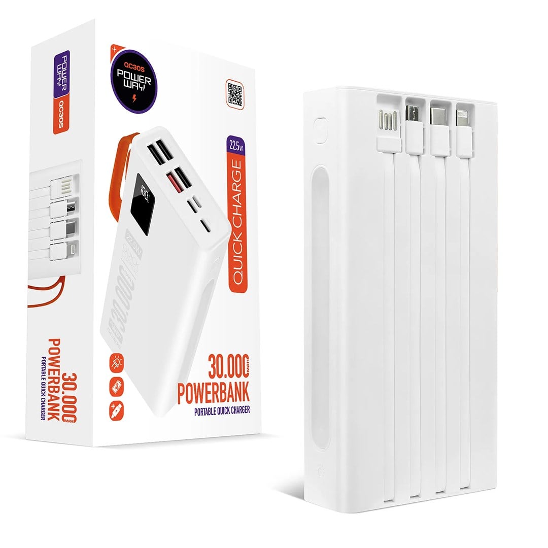 POWERWAY QC30S 30000 MAH DİJİTAL GÖSTERGELİ KENDİNDEN KABLOLU SİYAH - BEYAZ POWERBANK