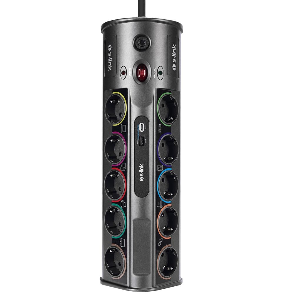 S-LINK SP10AF 1860 JOULE ANAHTARLI USB + TYPE-C GİRİŞLİ 10LU 3 METRE KABLOLU AKIM KORUMALI PRİZ