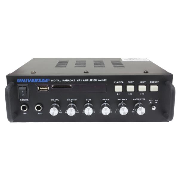 UNIVERSAL AV-992 2X20W USB-SD 2 MİKROFON GİRİŞLİ ANFİ (12V-220V GİRİŞLİ)