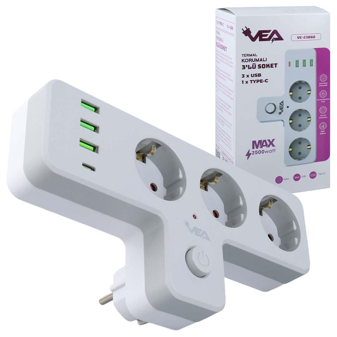VEA VE-23088 3X USB 1X TYPE-C PD 3LÜ ÇOCUK VE TERMAL KORUMALI ANAHTARLI GRUP PRİZ