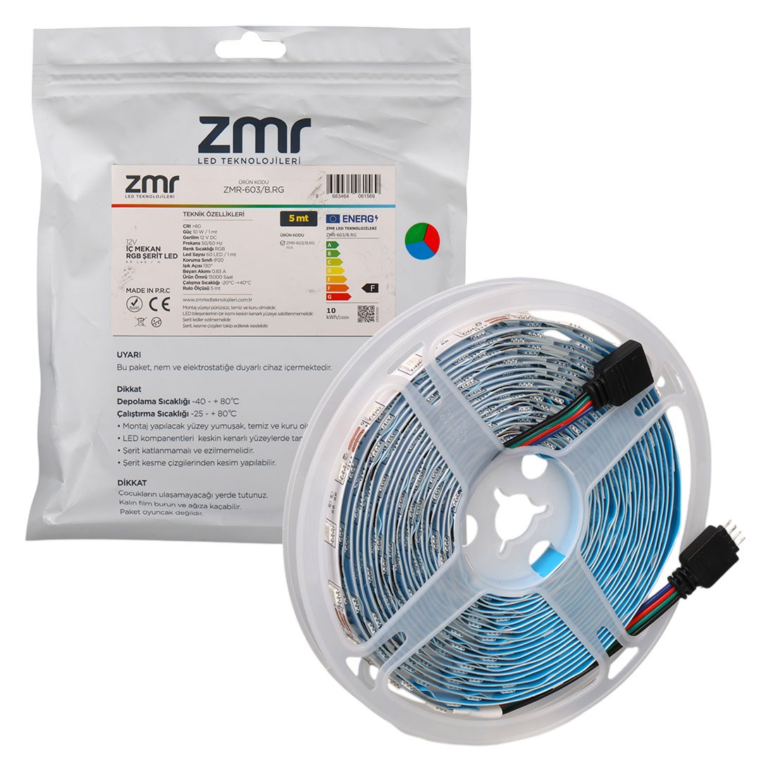 ZMR ZMR-603 RGB 12 Volt 3 Çipli 5050 İç Mekan Silikonsuz 60 Led 5 Metre ...