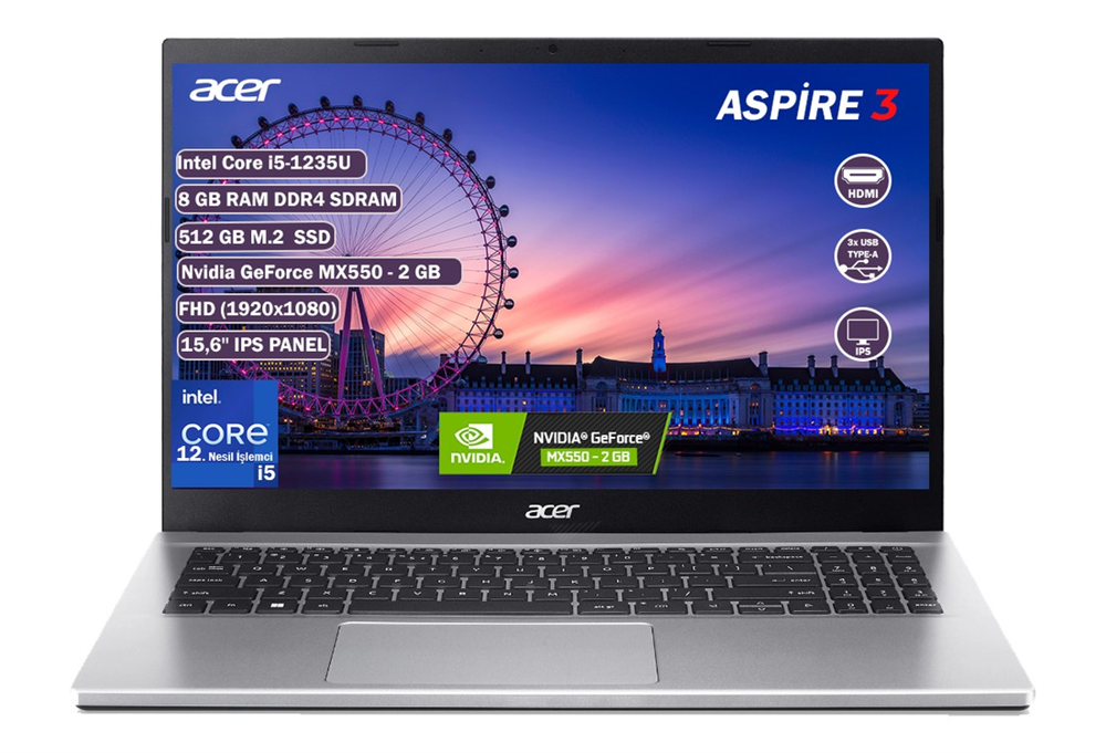 Acer Aspire 3 Nx.k6wey.088a22btx1 Core İ5-1235u 8 Gb 512 Gb Ssd Mx550 15.6