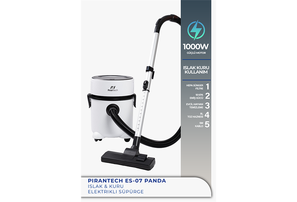 Pirantech Es-07 Panda Islak & Kuru Elektrikli Süpürge | 1000W Güçlü Motor | Hepa Filtreli
