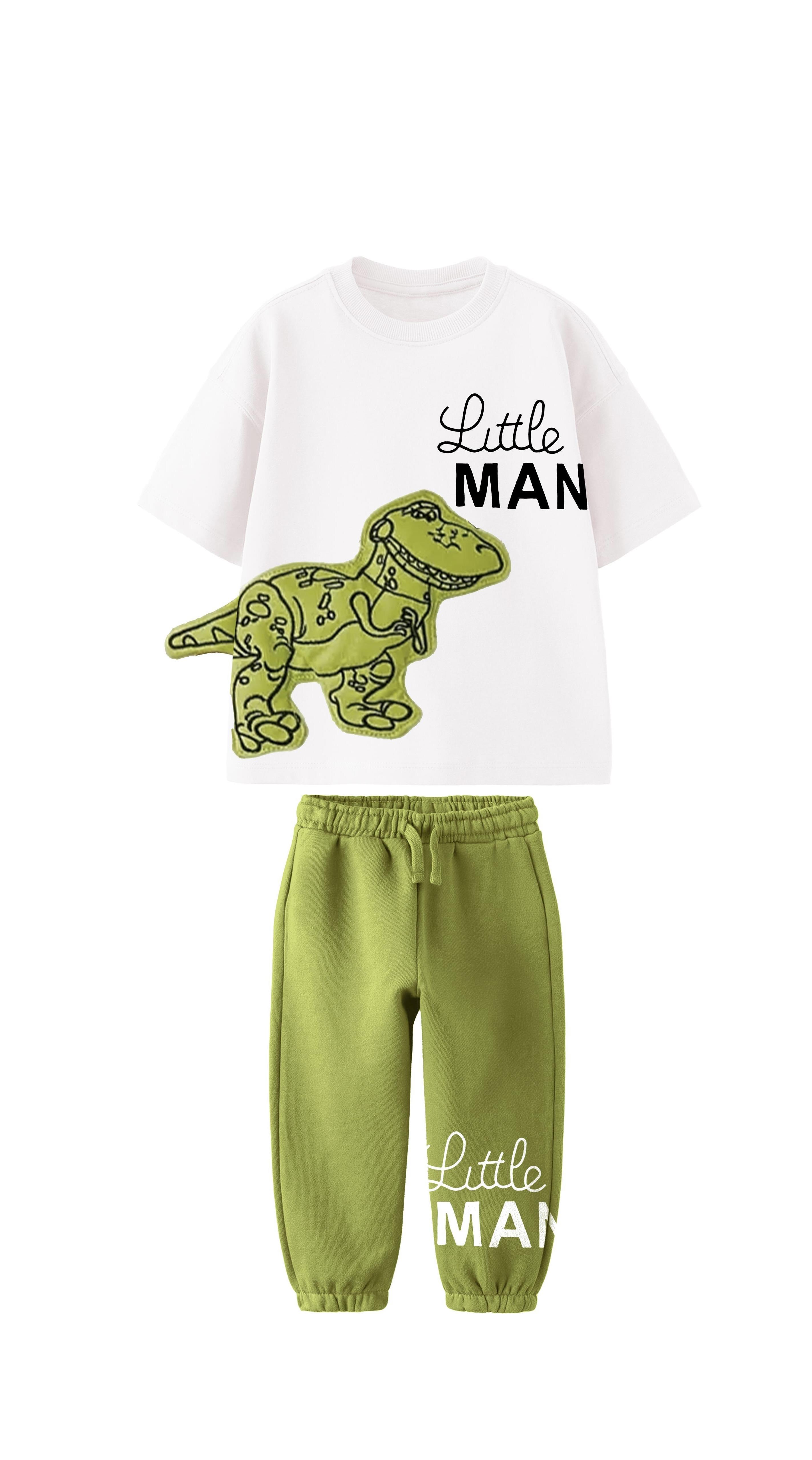 Erkek Çocuk 3 Boyutlu Pamuklu Eşofman Dinazor Baskılı Tişört  Takım