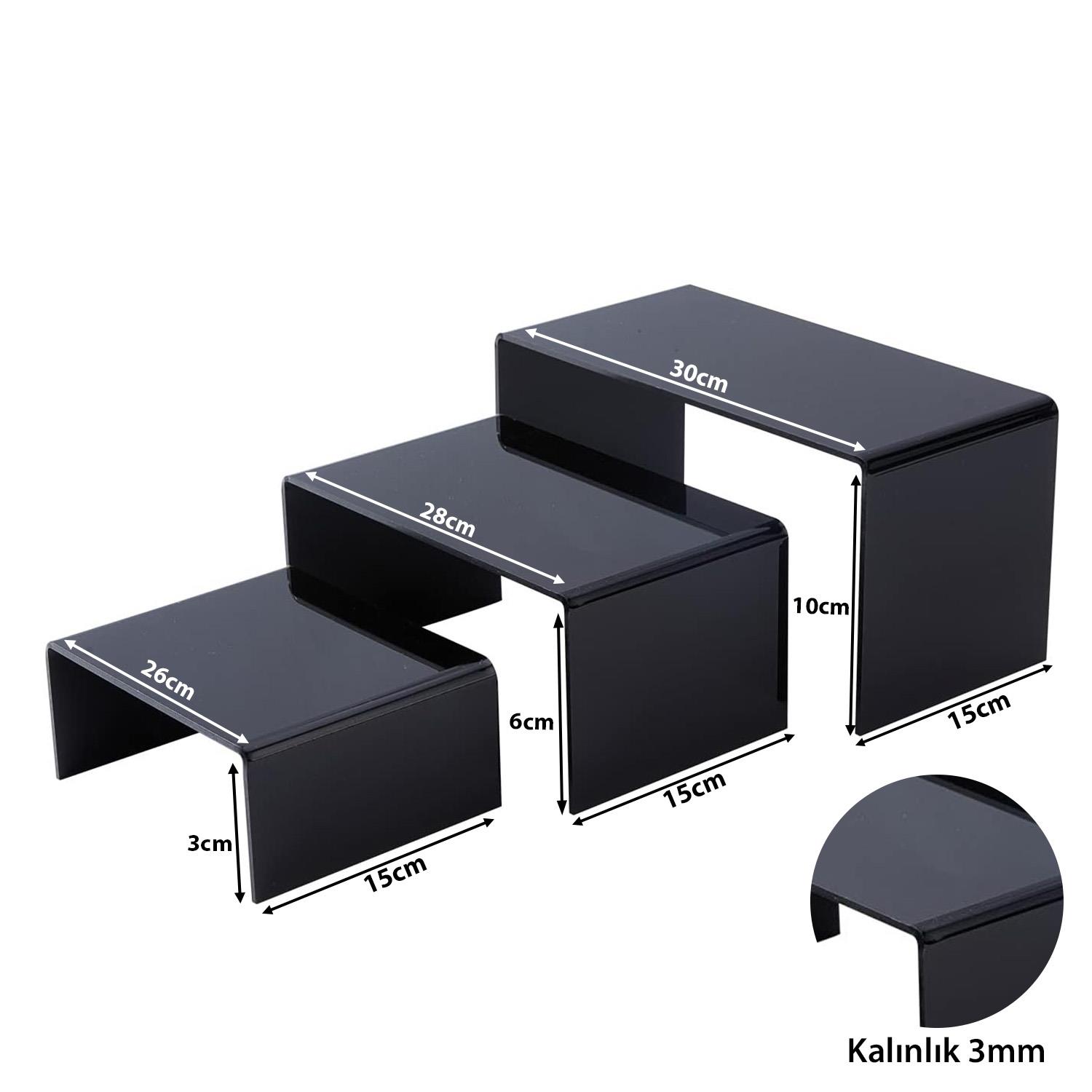 3'lü Ürün Yükseltici Organizer Stant Pleksi 26x3cm / 28x6cm / 30x10cm / 3mm - Siyah 