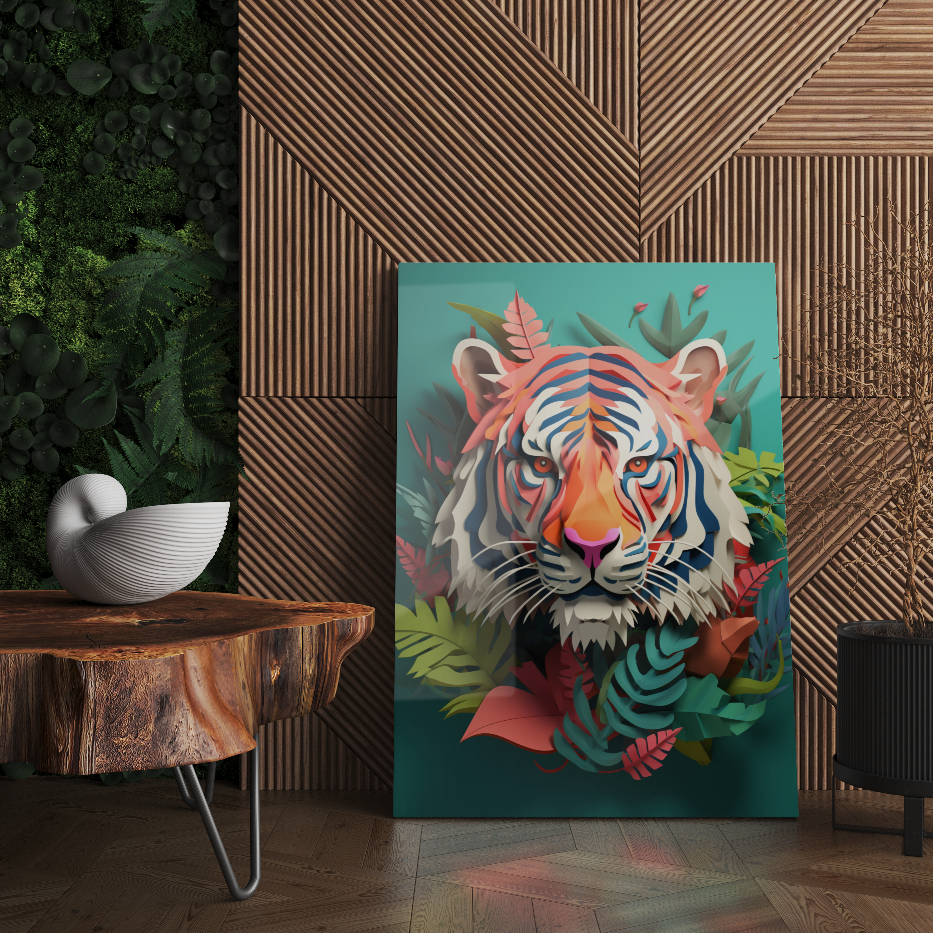 Cam Tablo Yapraklar İçinde Geometrik Kaplan Posteri - NV00128