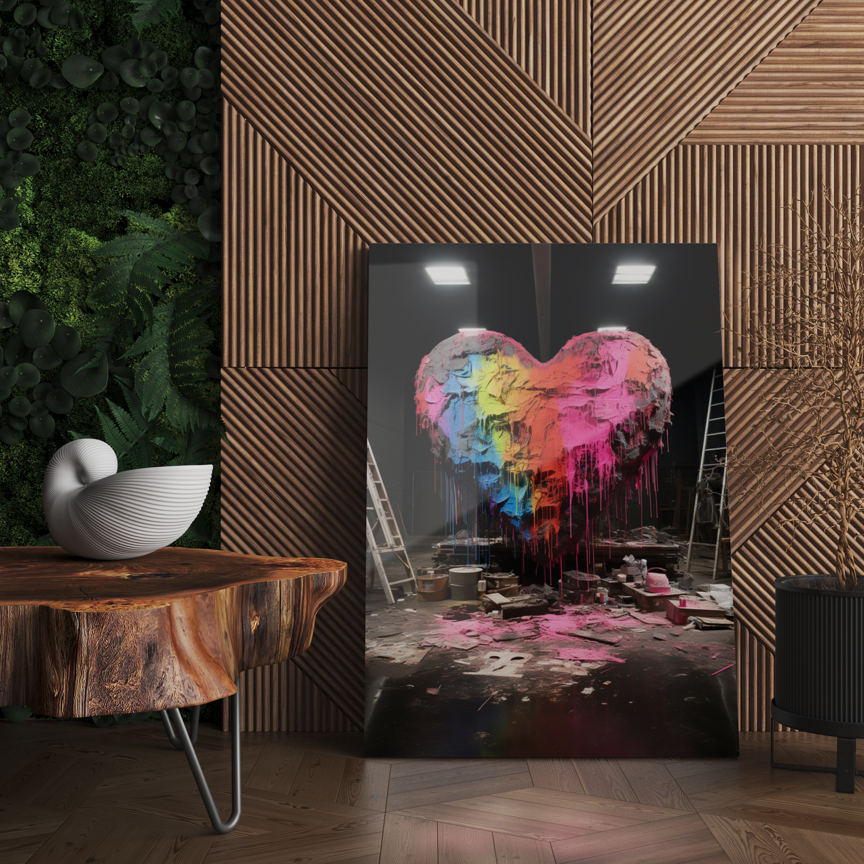 Cam Tablo Gökkuşağı Renklerinde Boyanan 3D Kalp Posteri - NV00139