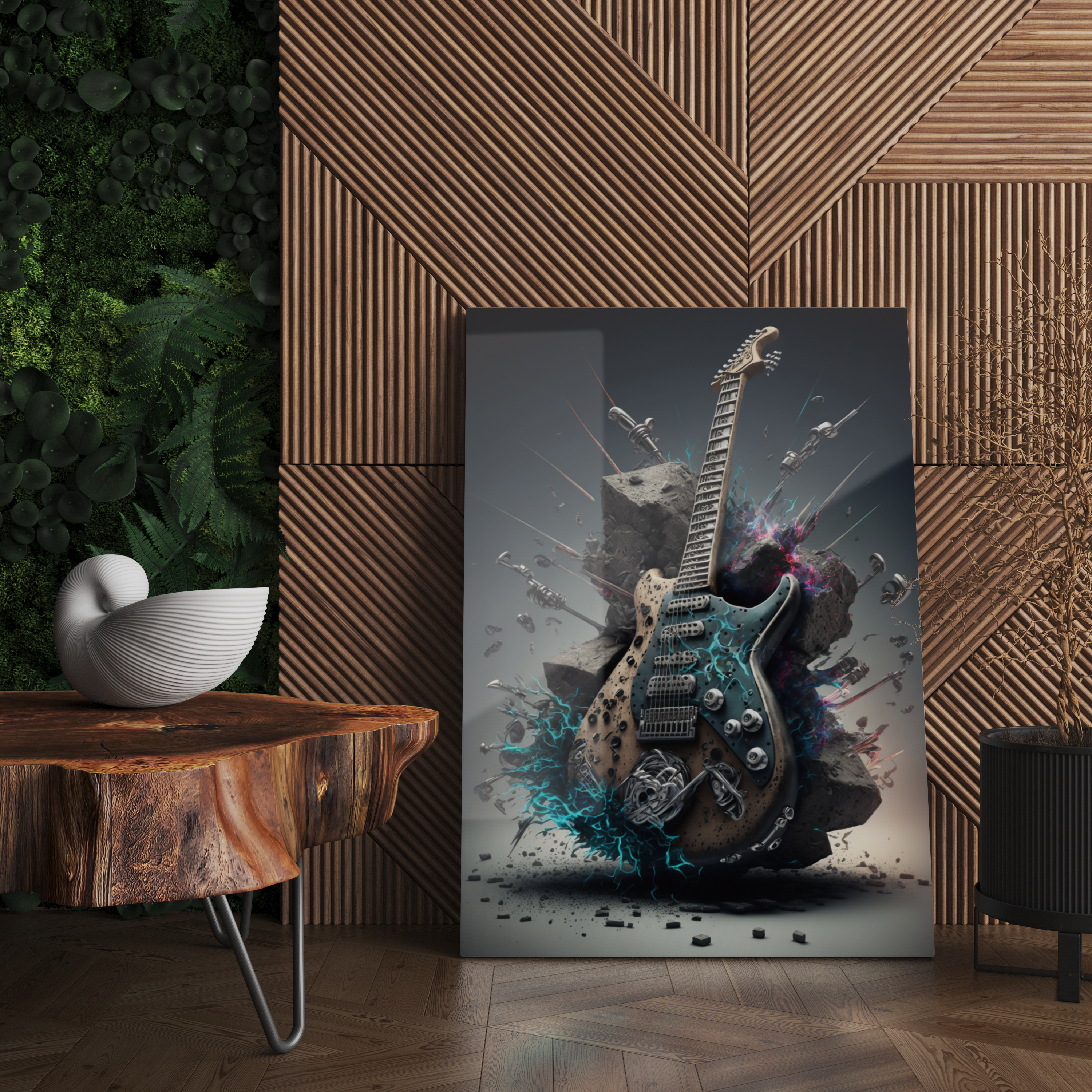 Cam Tablo Mavi Yıldırımlı Elektro Gitar Rock Roll Tablosu - NV00117