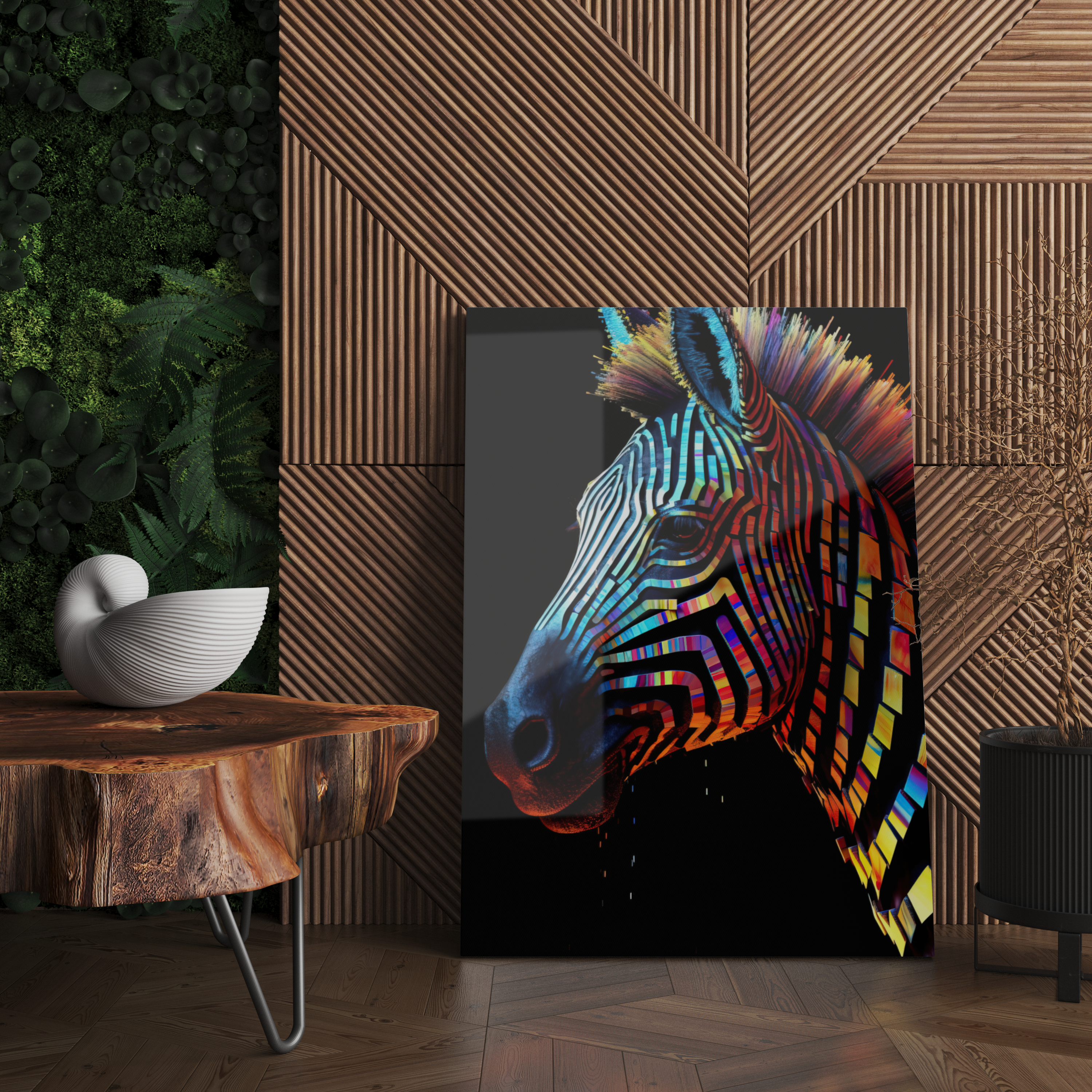 Cam Tablo Siyah Arka Plan Gökkuşağı Renklerinde Zebra - NV00106 