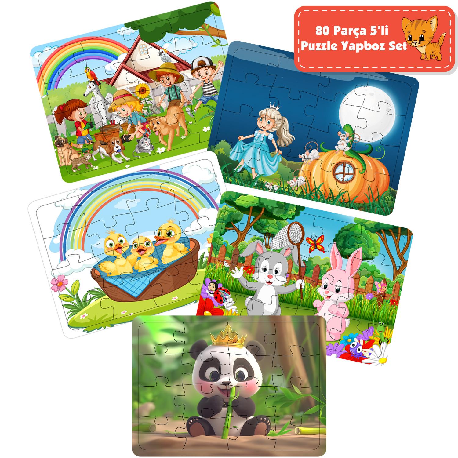 Çocuklar İçin 5'li 80 Parça Puzzle Yapboz Seti 2