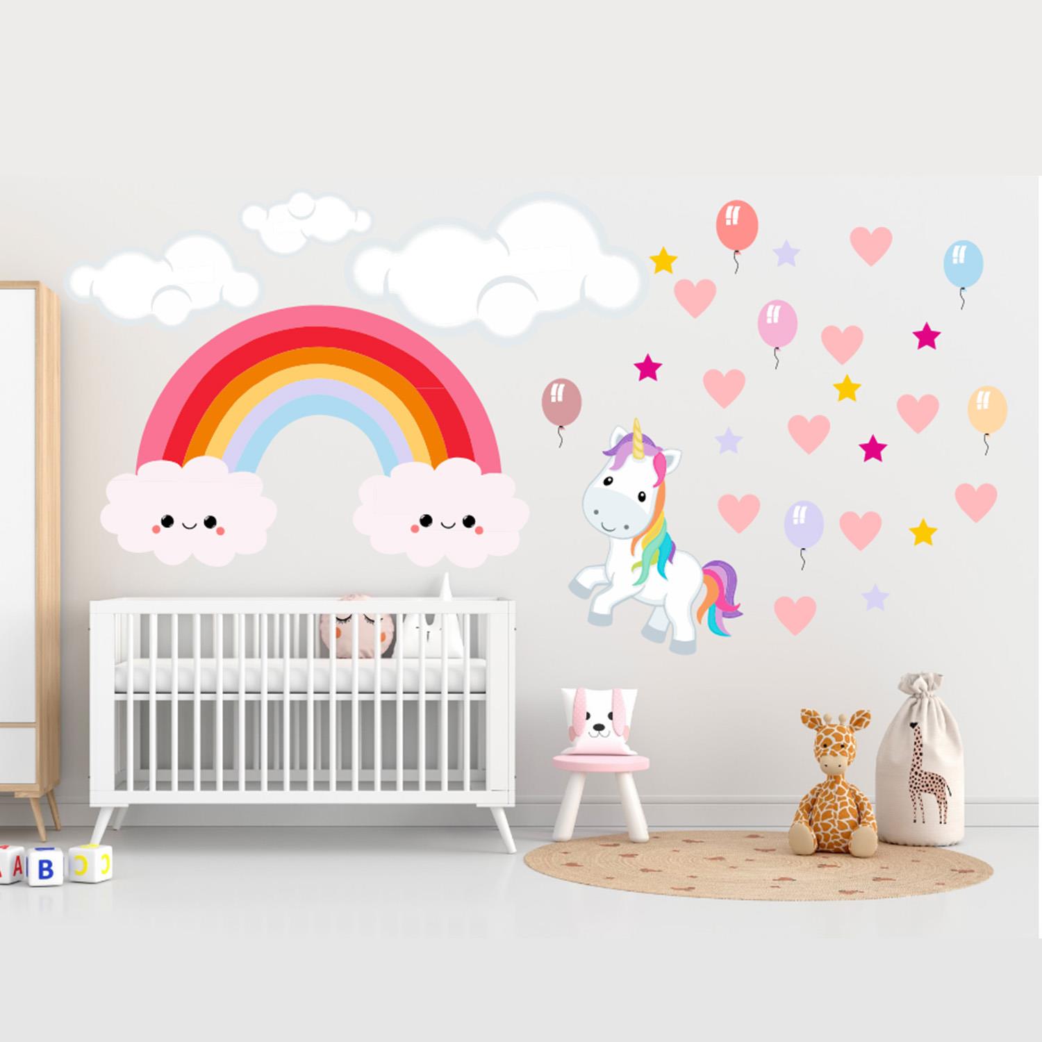 Unicorn Renkli Kalpli Balonlu Duvar Sticker 