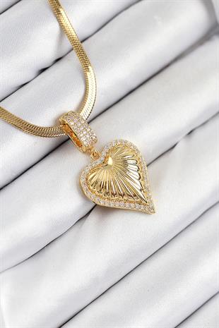 316L Çelik Zirkon Taşlı Kalp Model Gold Renk Kadın Kolye