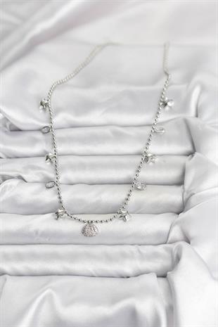 Pirinç Gümüş Renk Zirkon Taşlı Deniz Kabuğu Model Kadın Kolye