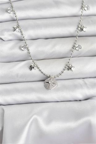 Pirinç Gümüş Renk Zirkon Taşlı Kutup Yıldızı Model Kadın Kolye